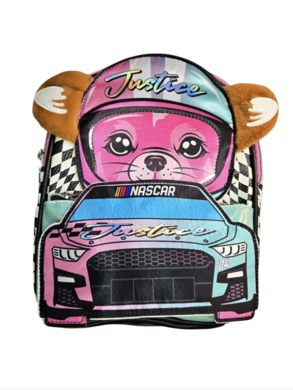 Justice x Nascar Chihuahua Race Car Driver Mini Backpack w/ Two Zipper Pockets.